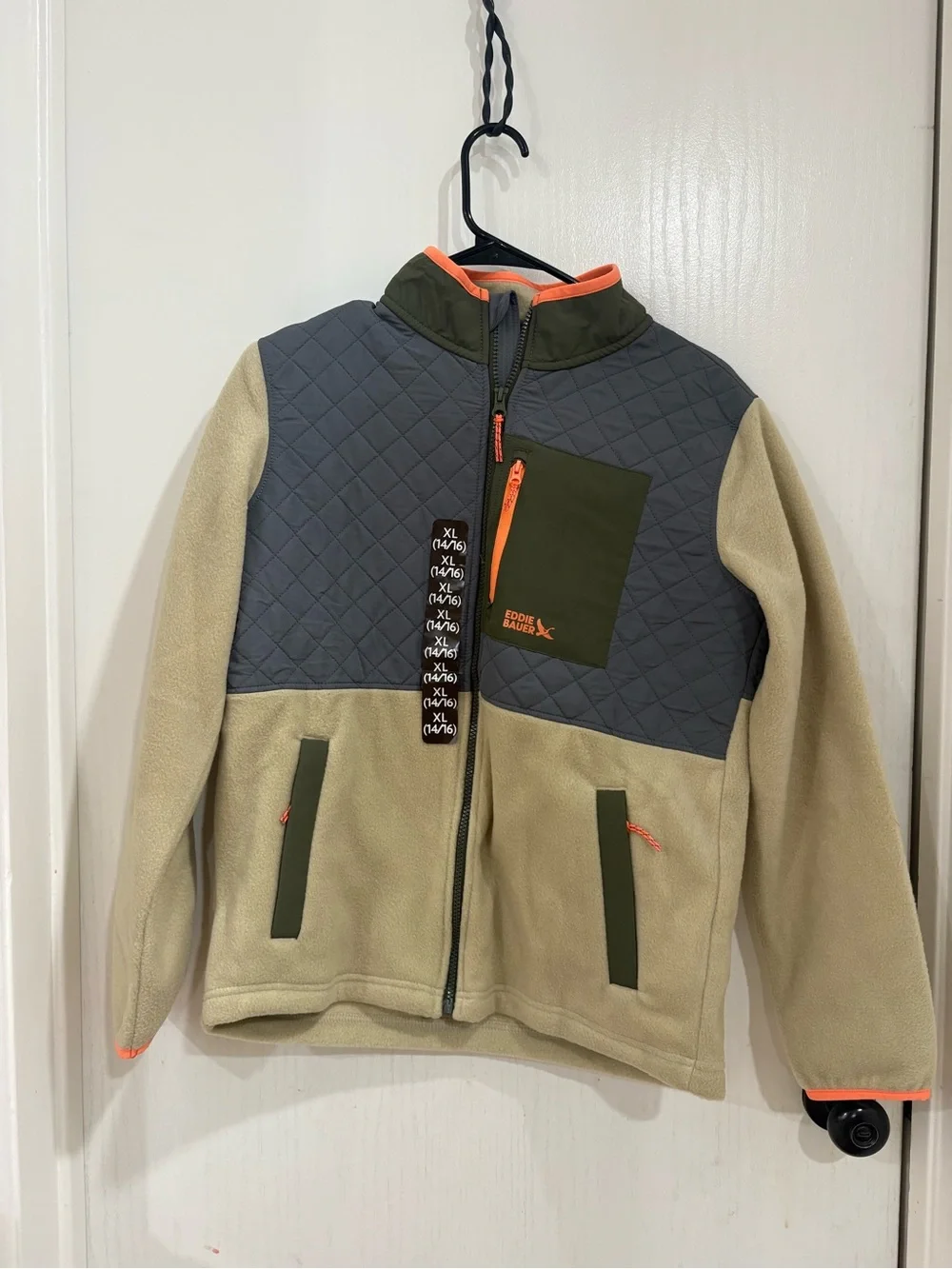 Eddie Bauer Boys Quilted Jacket in Tan & Olive with Orange Trim